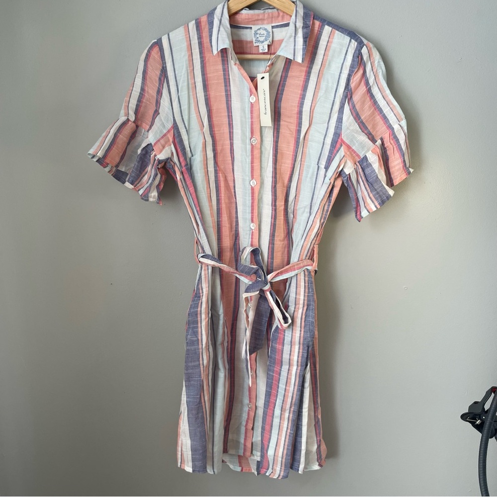 NWT Blue Rain Francesca Collar Striped Midi Dress Ruffle Sleeve‎ size small